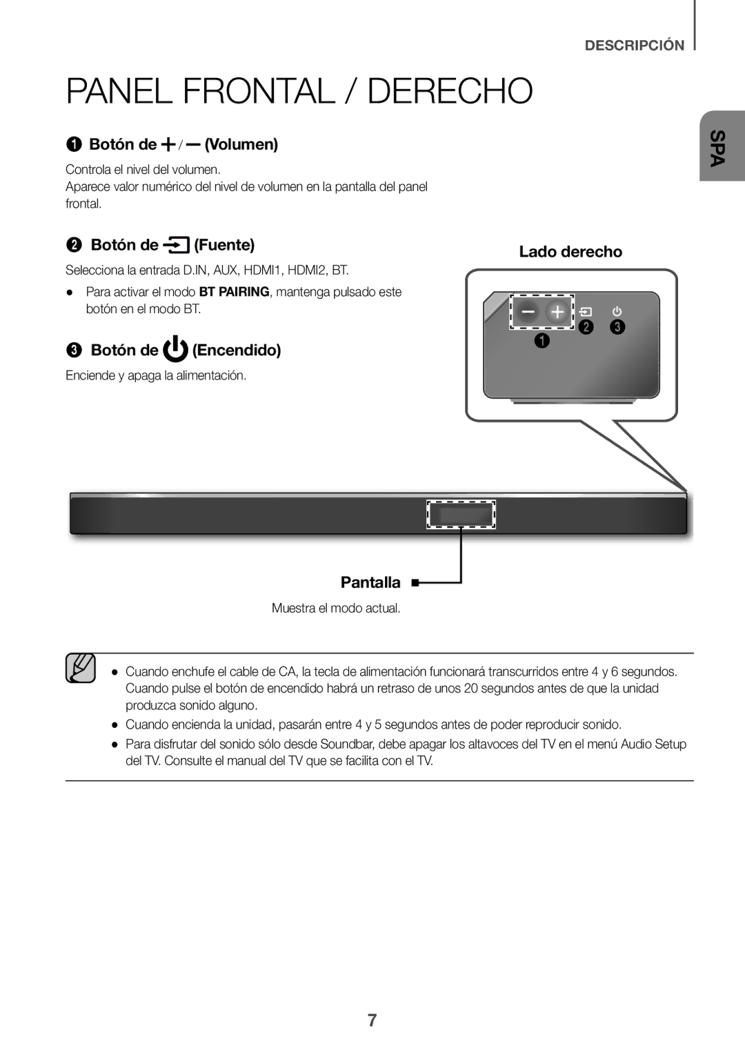 Samsung HW-K950/ZF, HW-K950/EN manual Panel Frontal / Derecho, Selecciona la entrada D.IN, AUX, HDMI1, HDMI2, BT 