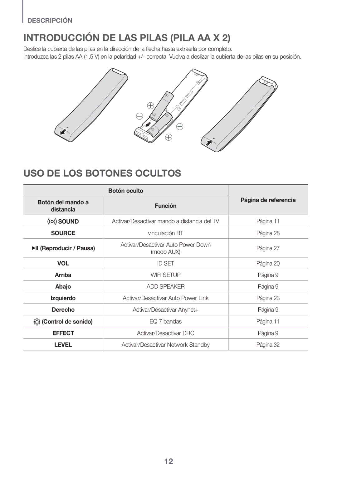 Samsung HW-K950/EN, HW-K950/ZF manual Introducción DE LAS Pilas Pila AA X, USO DE LOS Botones Ocultos, Botón oculto 