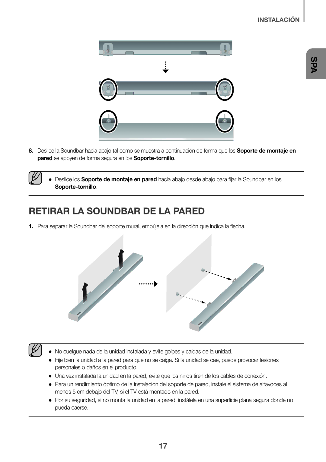 Samsung HW-K950/ZF, HW-K950/EN manual Retirar LA Soundbar DE LA Pared 