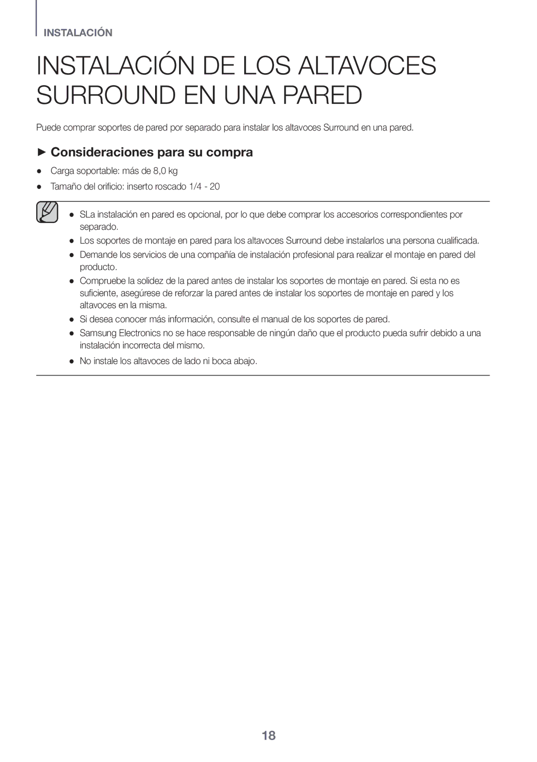 Samsung HW-K950/EN, HW-K950/ZF manual Instalación DE LOS Altavoces Surround EN UNA Pared, ++Consideraciones para su compra 