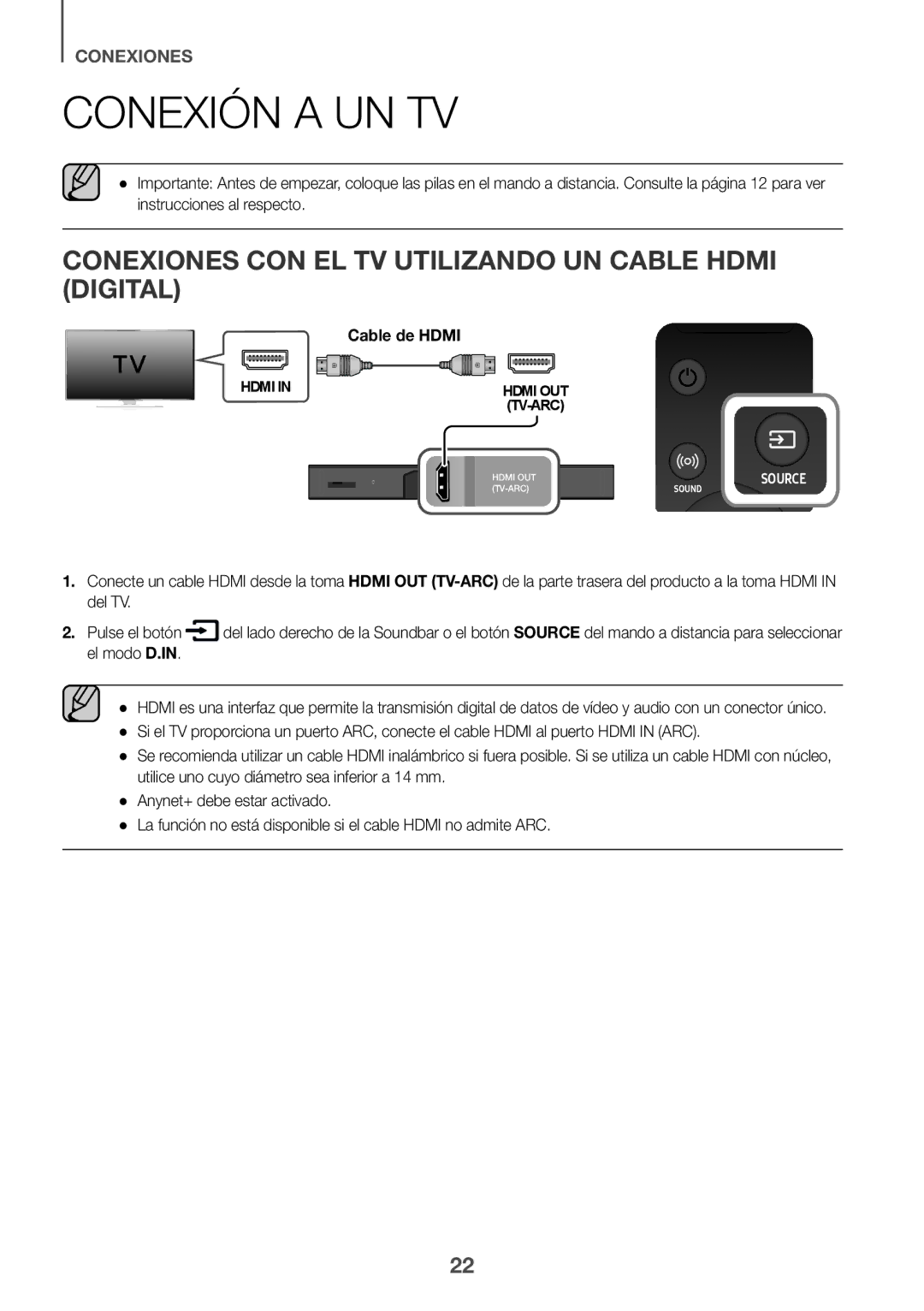 Samsung HW-K950/EN Conexión a UN TV, Conexiones CON EL TV Utilizando UN Cable Hdmi Digital, Cable de Hdmi, El modo D.IN 