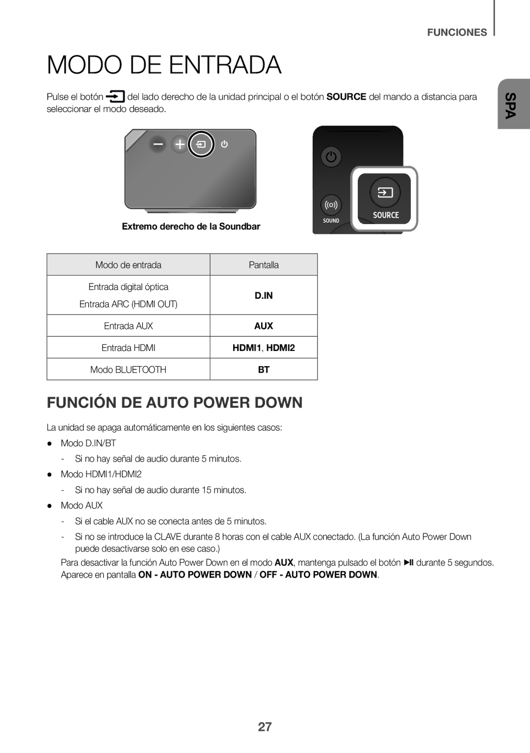 Samsung HW-K950/ZF, HW-K950/EN manual Modo DE Entrada, Función DE Auto Power Down, Modo de entrada Pantalla 