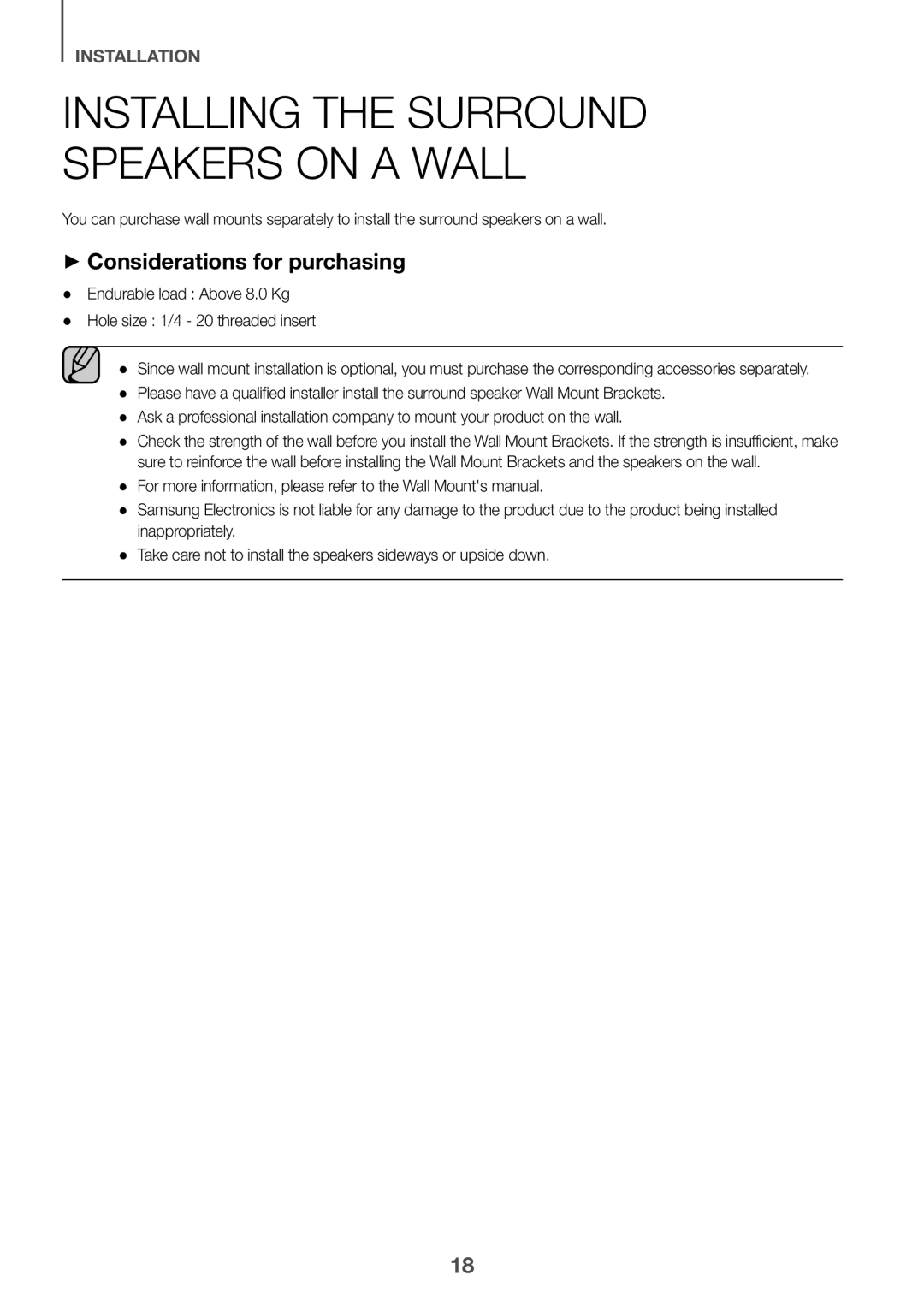 Samsung HW-K950/EN manual ++Considerations for purchasing, Endurable load Above 8.0 Kg Hole size 1/4 20 threaded insert 