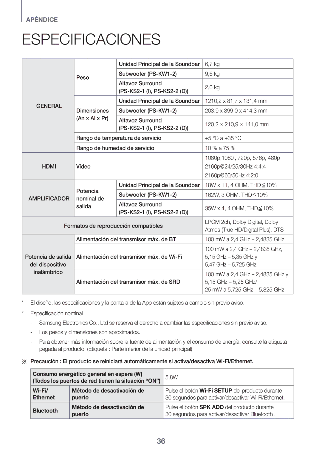 Samsung HW-K950/EN, HW-K950/ZF Especificaciones, Consumo energético general en espera W, Wi-Fi Método de desactivación de 