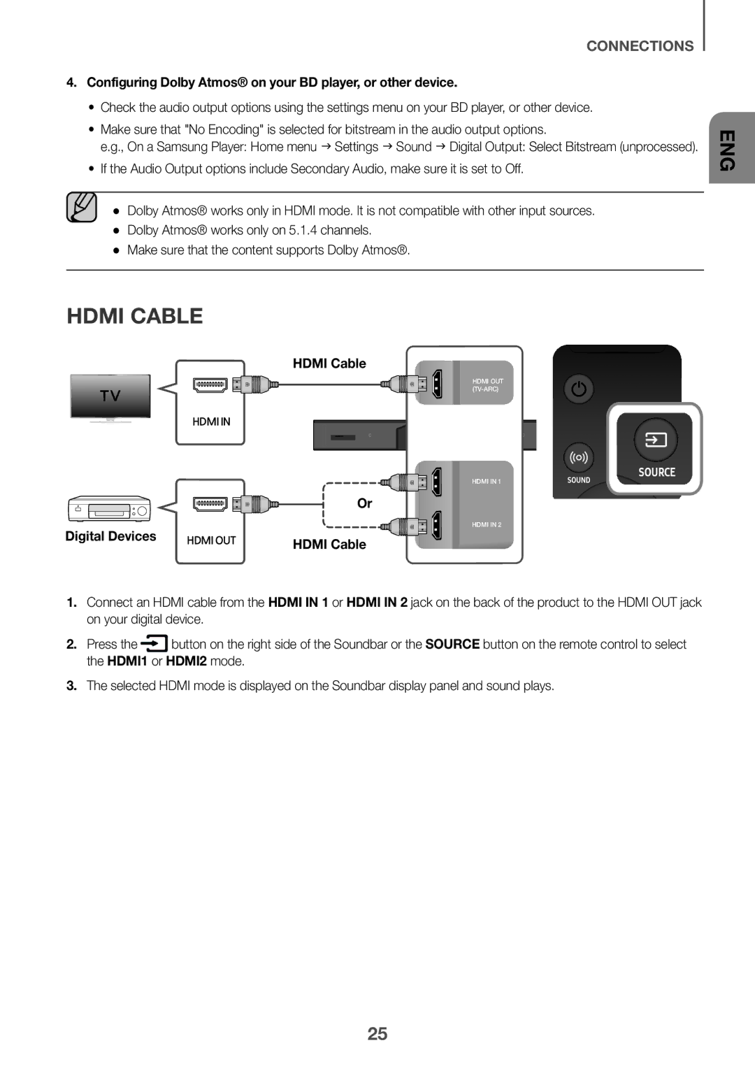 Samsung HW-K950/ZF, HW-K950/EN manual Hdmi Cable, Configuring Dolby Atmos on your BD player, or other device 