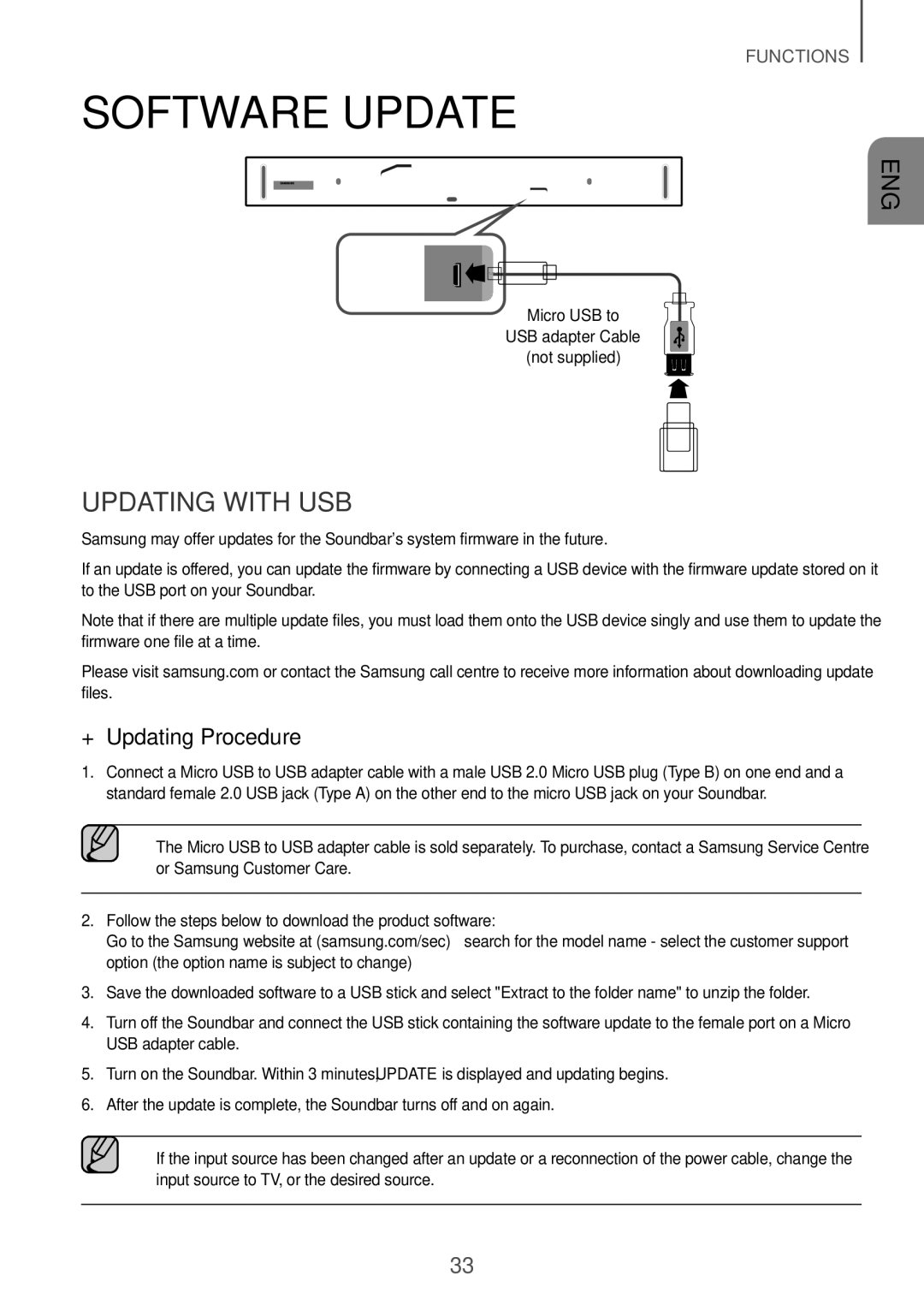 Samsung HW-K950/ZF Software Update, Updating with USB, ++Updating Procedure, Micro USB to USB adapter Cable Not supplied 