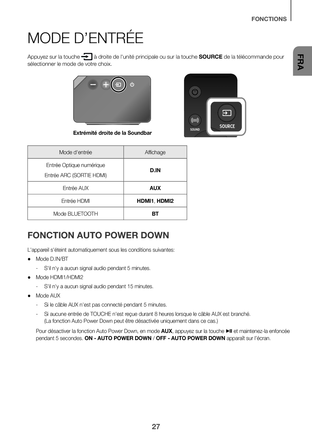 Samsung HW-K950/ZF, HW-K950/EN manual Mode D’ENTRÉE, Fonction Auto Power Down, Mode dentrée Affichage 