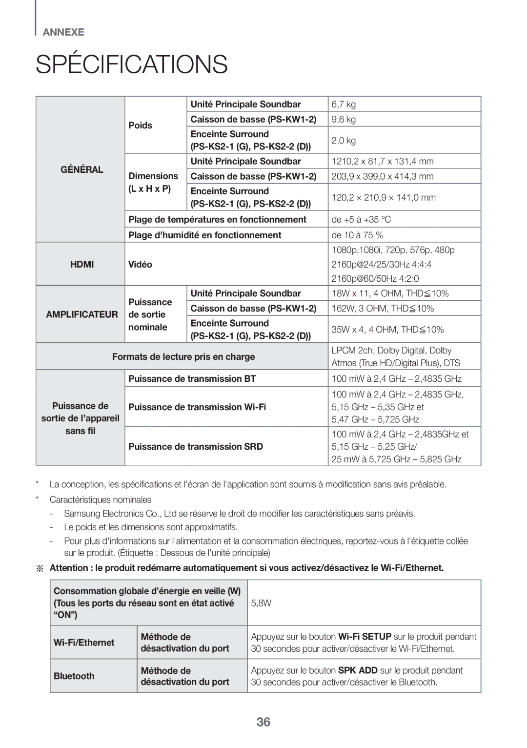 Samsung HW-K950/EN, HW-K950/ZF manual Spécifications 