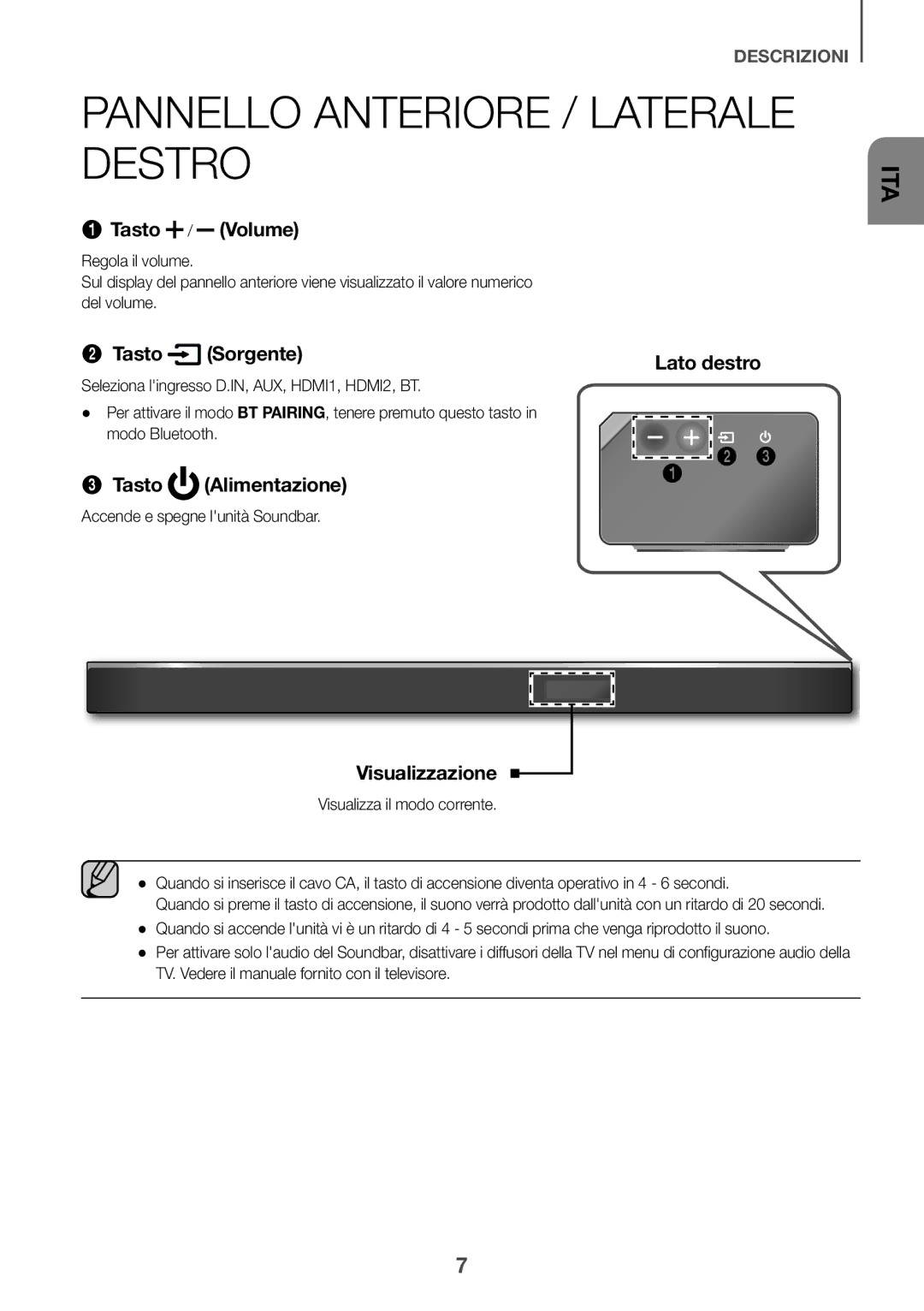 Samsung HW-K950/ZF, HW-K950/EN manual Pannello Anteriore / Laterale Destro, Seleziona lingresso D.IN, AUX, HDMI1, HDMI2, BT 