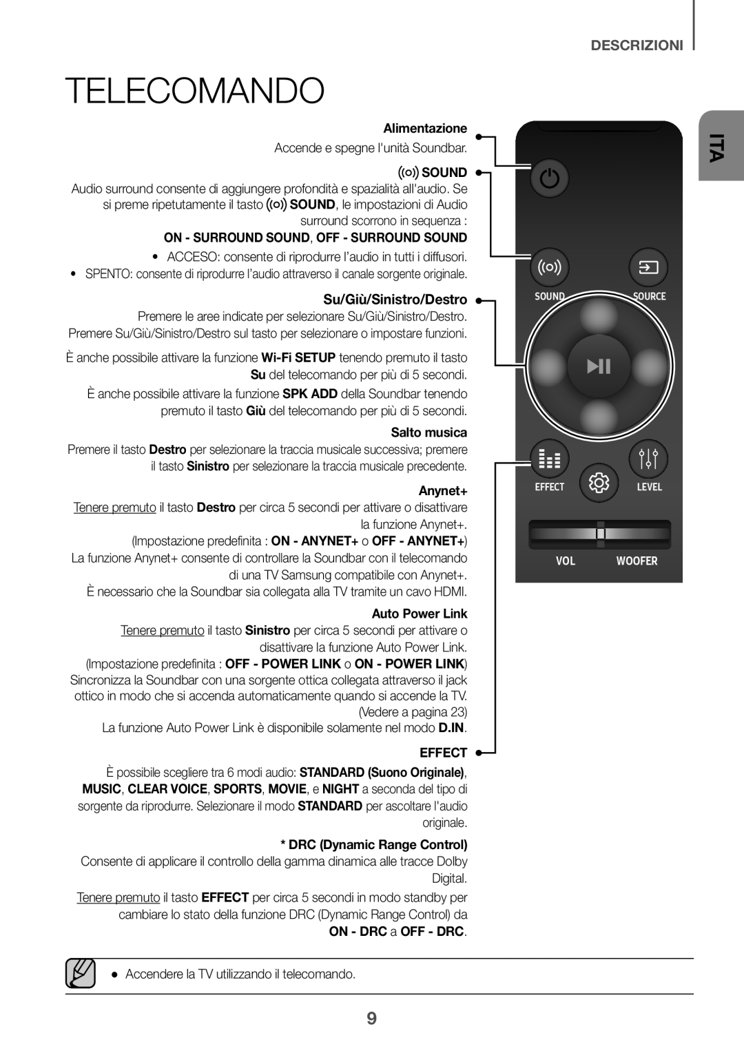 Samsung HW-K950/ZF, HW-K950/EN manual Telecomando, Su/Giù/Sinistro/Destro 