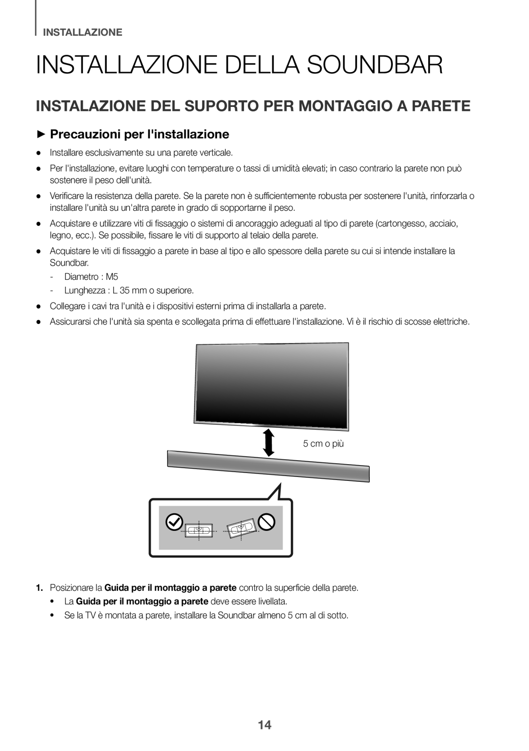 Samsung HW-K950/EN, HW-K950/ZF manual Installazione Della Soundbar, Instalazione DEL Suporto PER Montaggio a Parete 