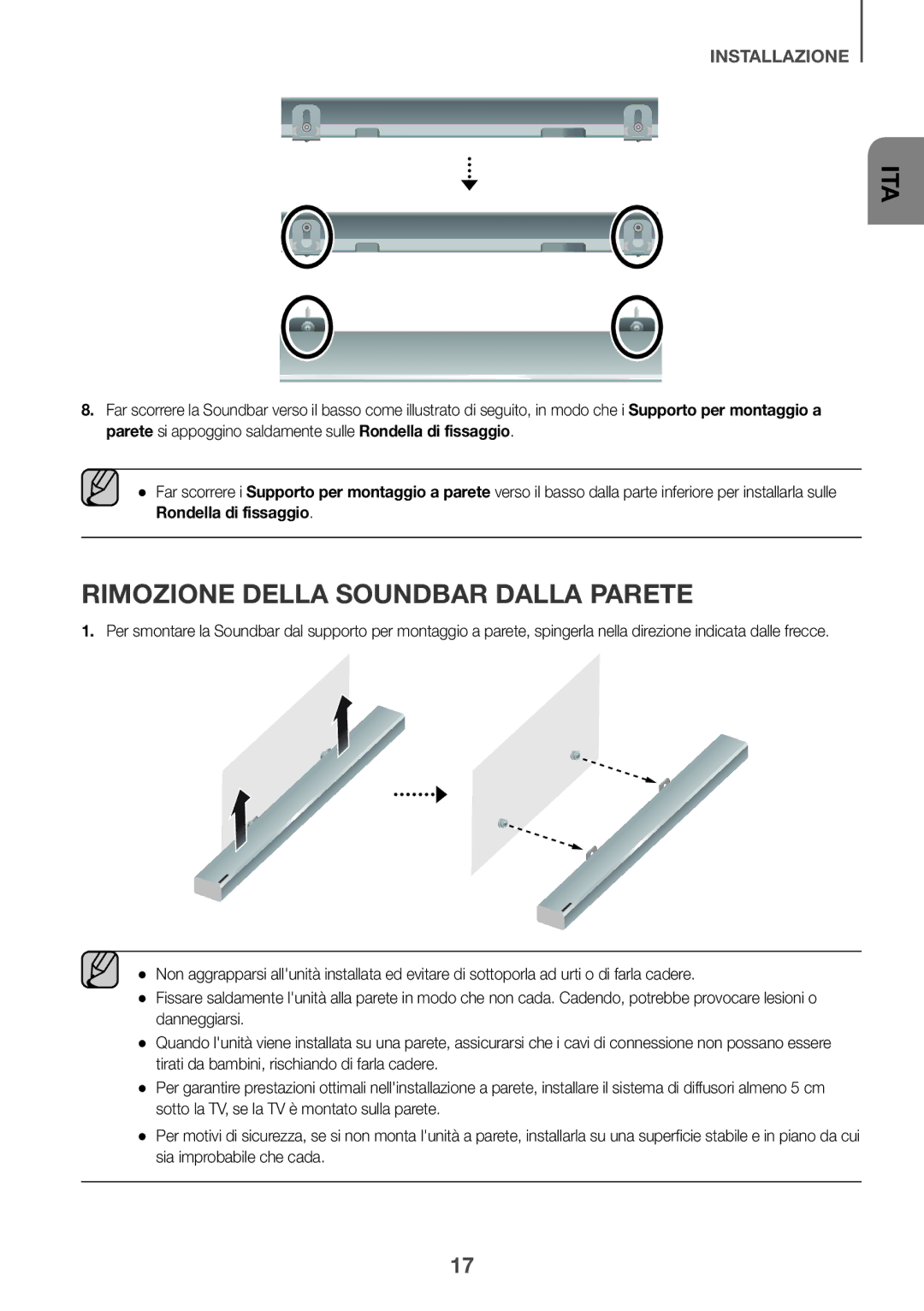 Samsung HW-K950/ZF, HW-K950/EN manual Rimozione Della Soundbar Dalla Parete 