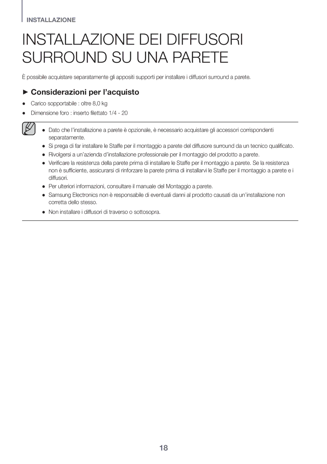 Samsung HW-K950/EN, HW-K950/ZF manual Installazione DEI Diffusori Surround SU UNA Parete, ++Considerazioni per l’acquisto 