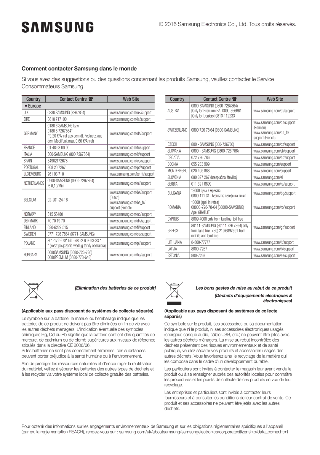 Samsung HW-K950/EN, HW-K950/ZF manual Comment contacter Samsung dans le monde, Elimination des batteries de ce produit 