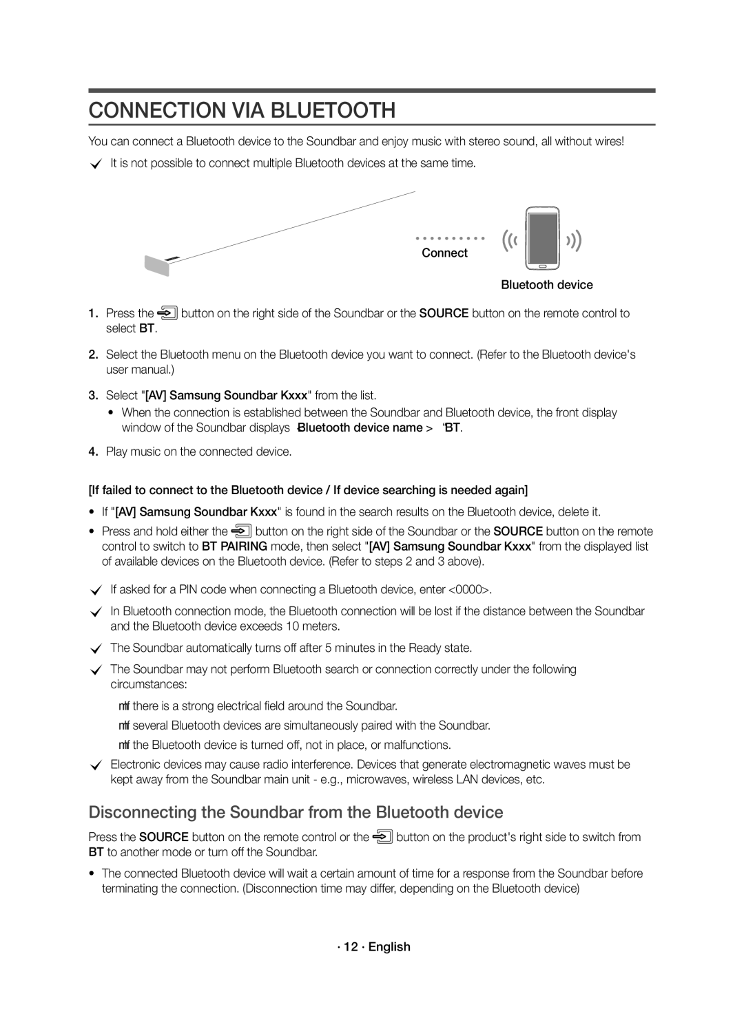 Samsung HW-K950/EN manual Connection VIA Bluetooth, Disconnecting the Soundbar from the Bluetooth device, · 12 · English 