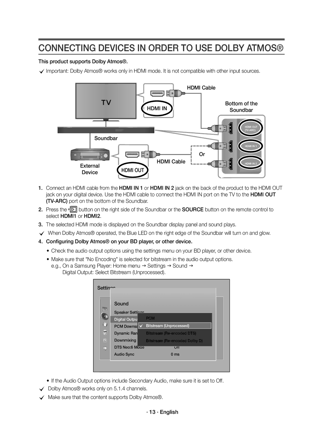 Samsung HW-K950/EN manual Connecting Devices in Order to USE Dolby Atmos, Hdmi, Bottom Soundbar, Settings Sound 