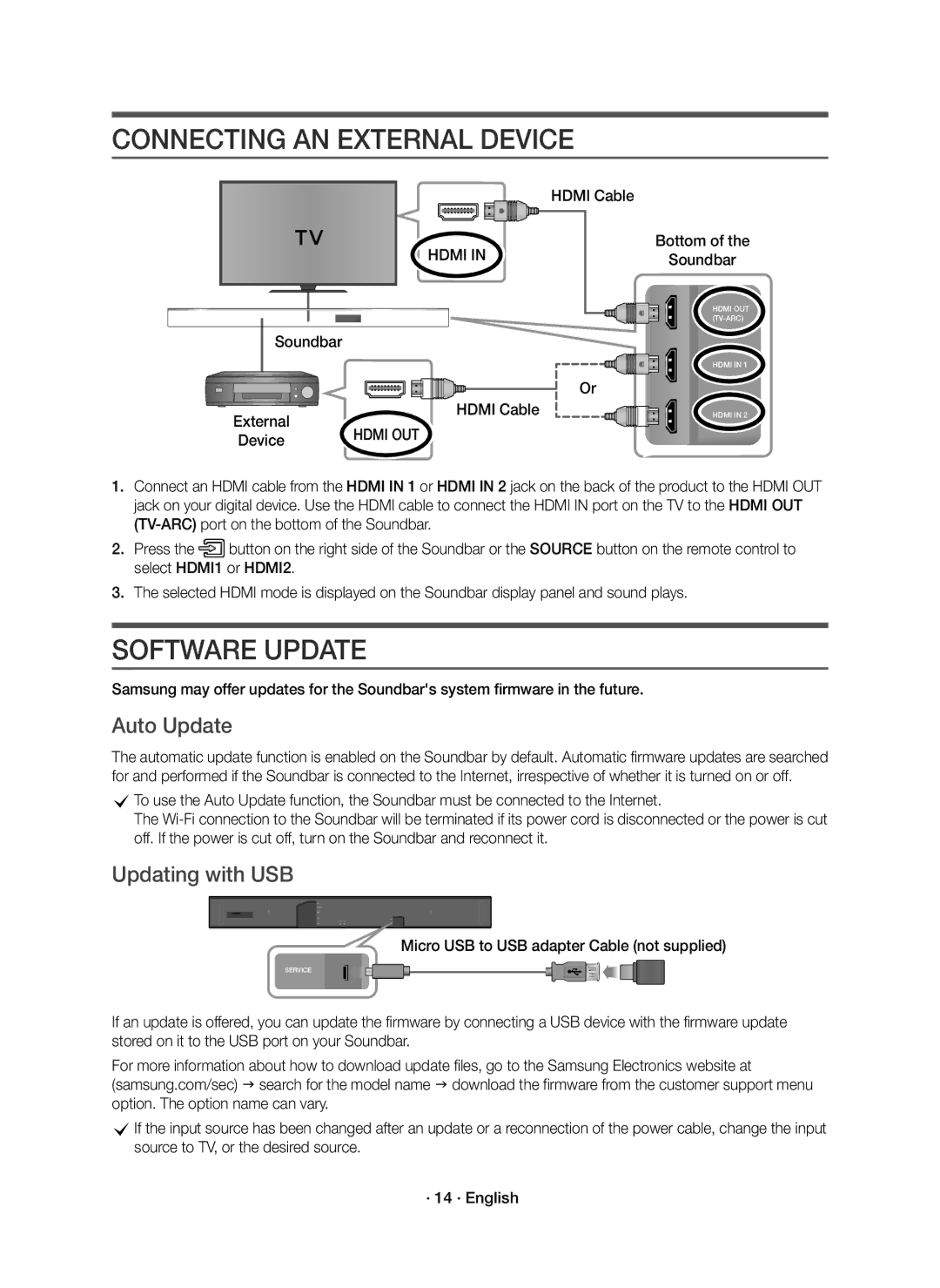 Samsung HW-K950/EN manual Connecting AN External Device, Software Update, Auto Update, Updating with USB 