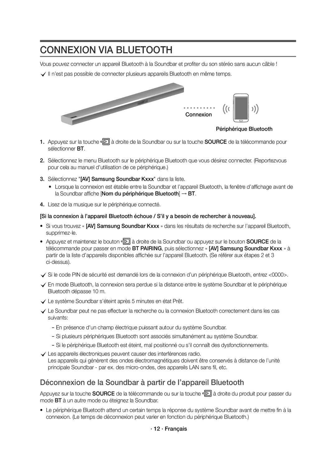 Samsung HW-K950/EN Connexion VIA Bluetooth, Déconnexion de la Soundbar à partir de l’appareil Bluetooth, · 12 · Français 