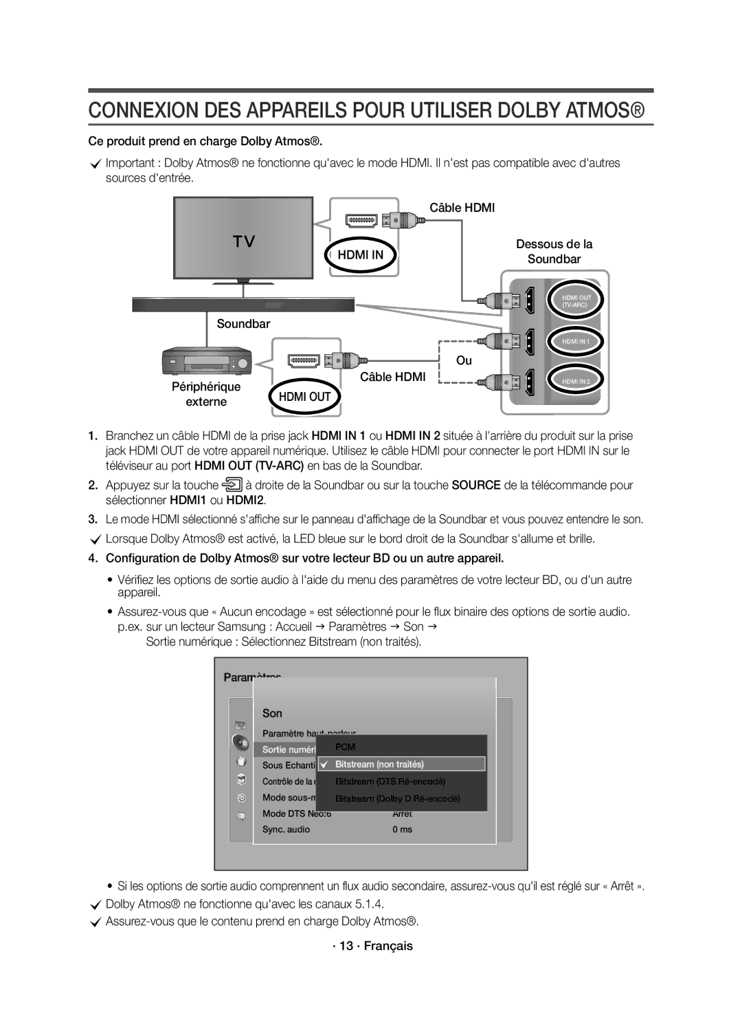 Samsung HW-K950/EN manual Connexion DES Appareils Pour Utiliser Dolby Atmos, Externe, Paramètres Son 