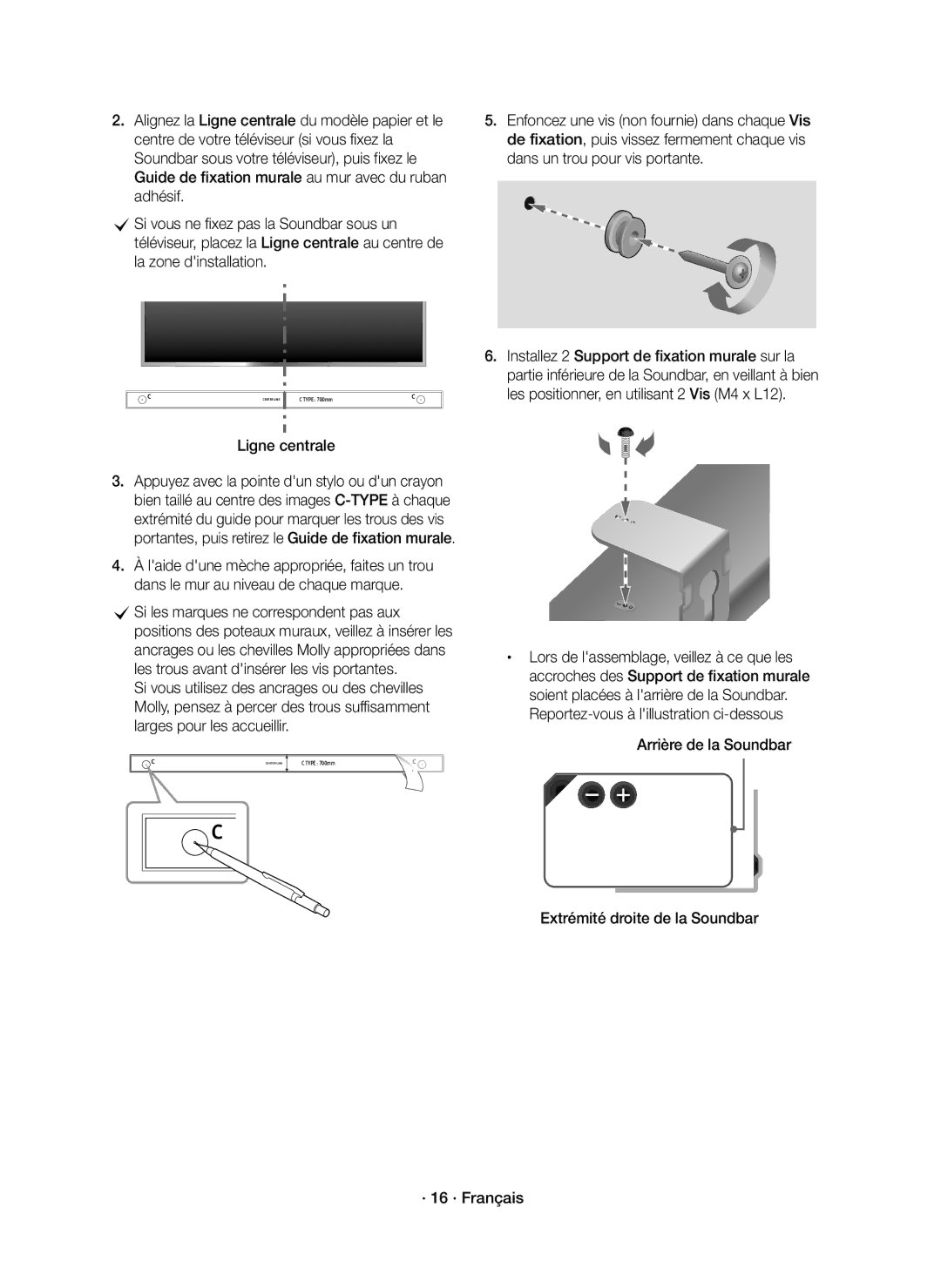 Samsung HW-K950/EN manual Ligne centrale, Si vous utilisez des ancrages ou des chevilles 