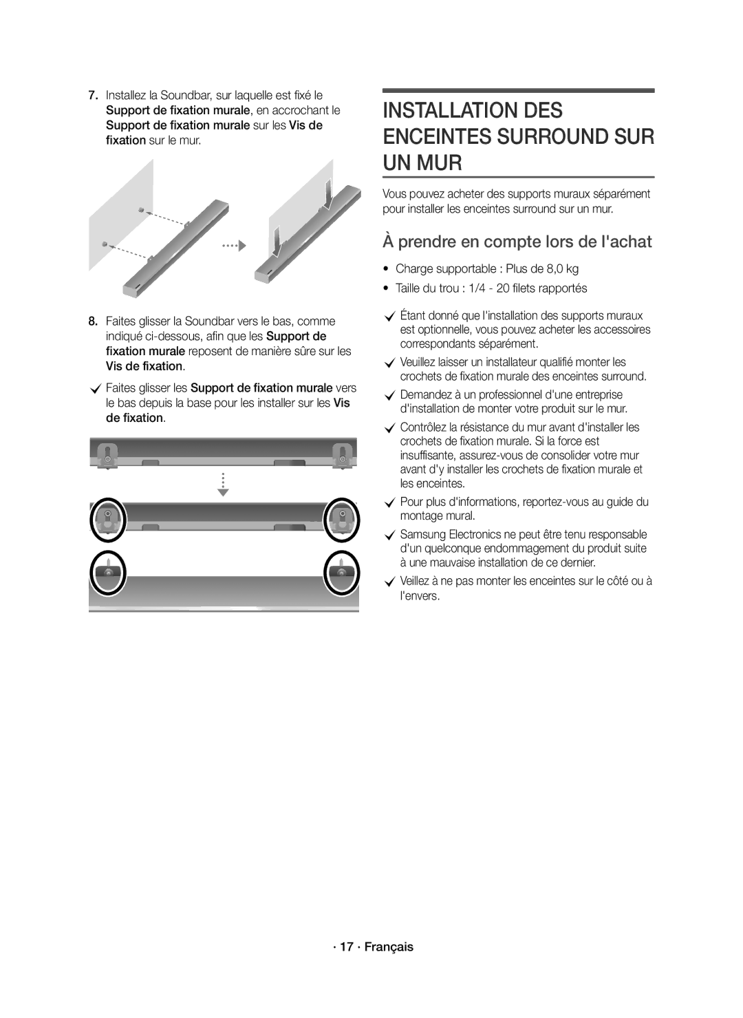 Samsung HW-K950/EN manual Installation DES Enceintes Surround SUR UN MUR, Prendre en compte lors de lachat 