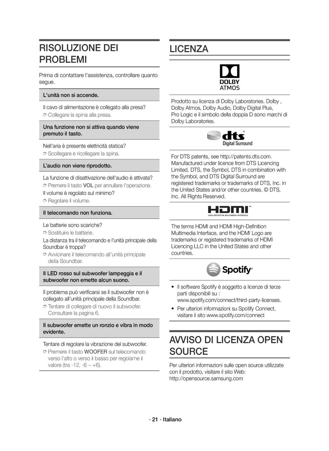 Samsung HW-K950/EN manual Risoluzione DEI Problemi, Avviso DI Licenza Open Source 