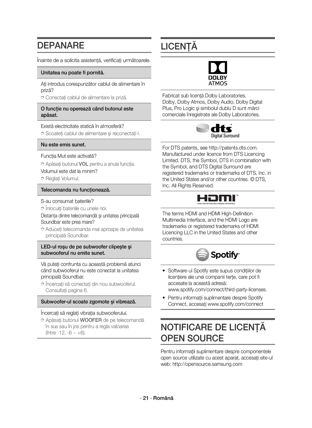 Samsung HW-K950/EN manual Depanare, Notificare DE Licenţă Open Source 