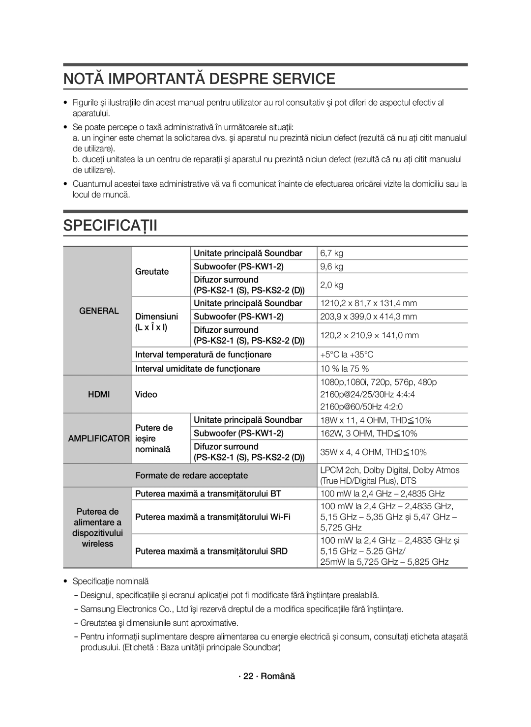 Samsung HW-K950/EN manual Notă Importantă Despre Service, Specificaţii, Amplificator, Ieşire 