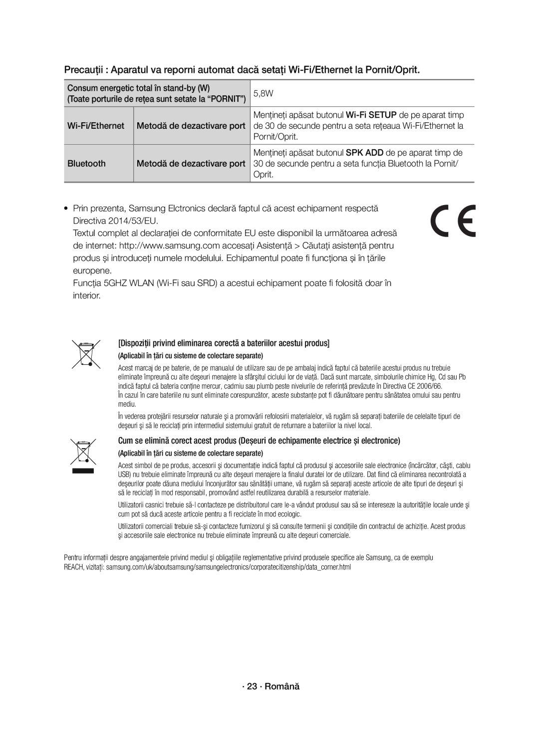 Samsung HW-K950/EN manual Consum energetic total în stand-by W, Wi-Fi/Ethernet Metodă de dezactivare port, Pornit/Oprit 