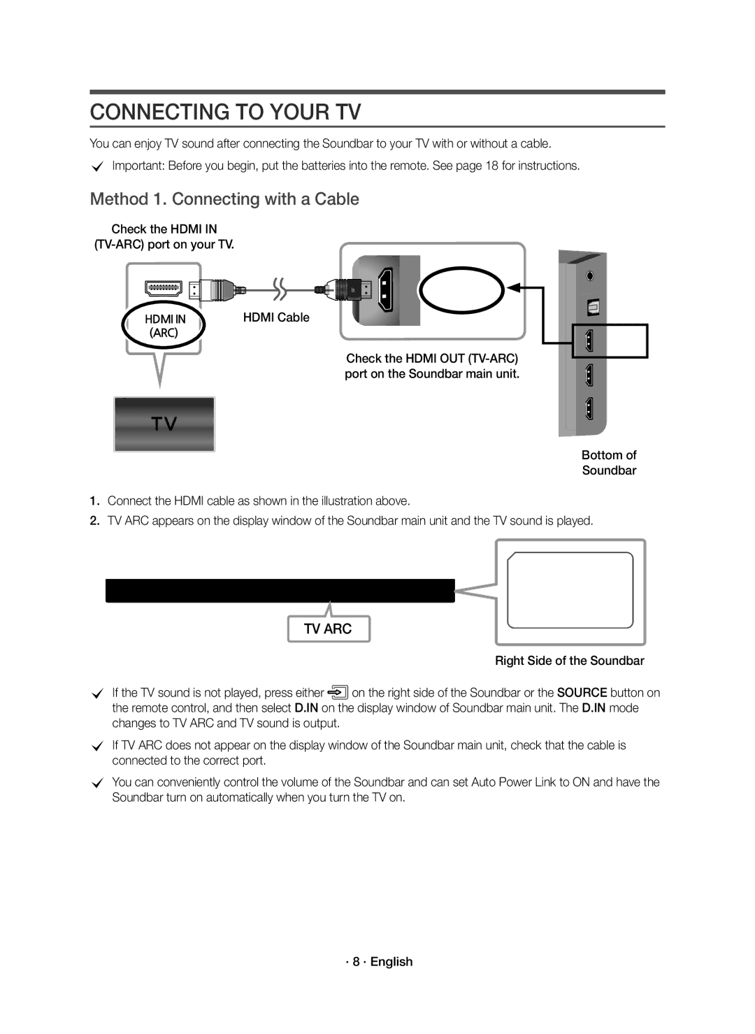 Samsung HW-K950/EN manual Connecting to Your TV, Method 1. Connecting with a Cable, Check the Hdmi TV-ARC port on your TV 