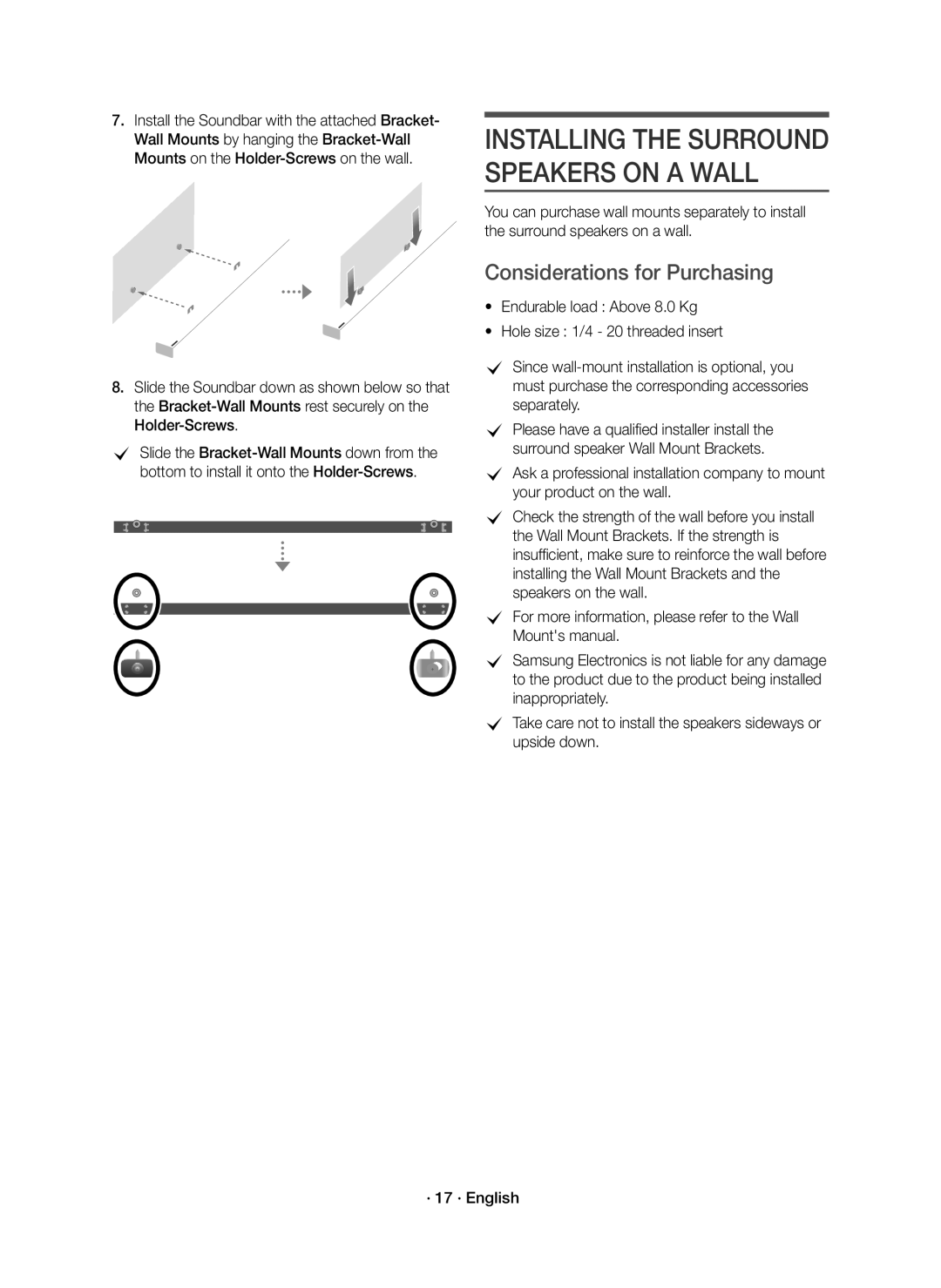 Samsung HW-K950/EN manual Installing the Surround Speakers on a Wall, Considerations for Purchasing 