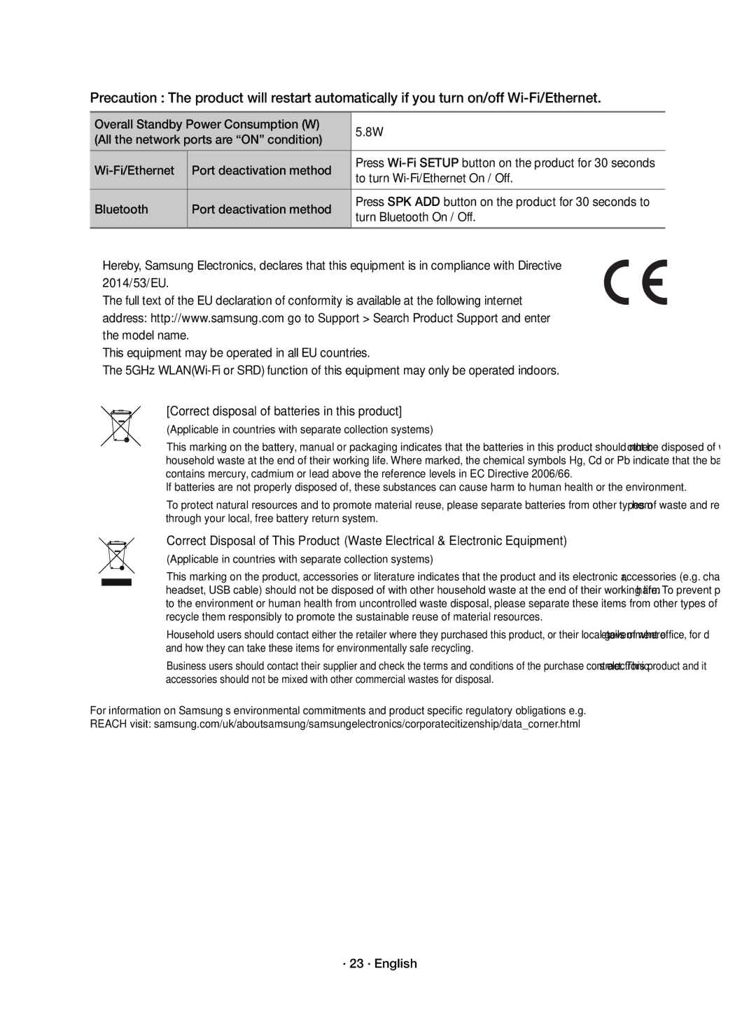 Samsung HW-K950/EN manual To turn Wi-Fi/Ethernet On / Off, Bluetooth Port deactivation method, Turn Bluetooth On / Off 