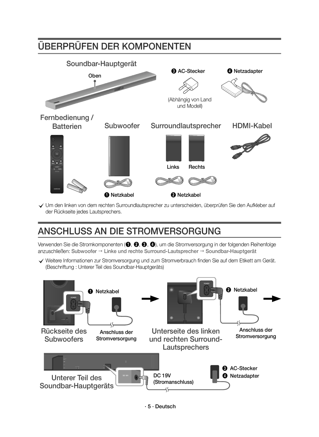 Samsung HW-K950/EN manual Überprüfen DER Komponenten, Anschluss AN DIE Stromversorgung 