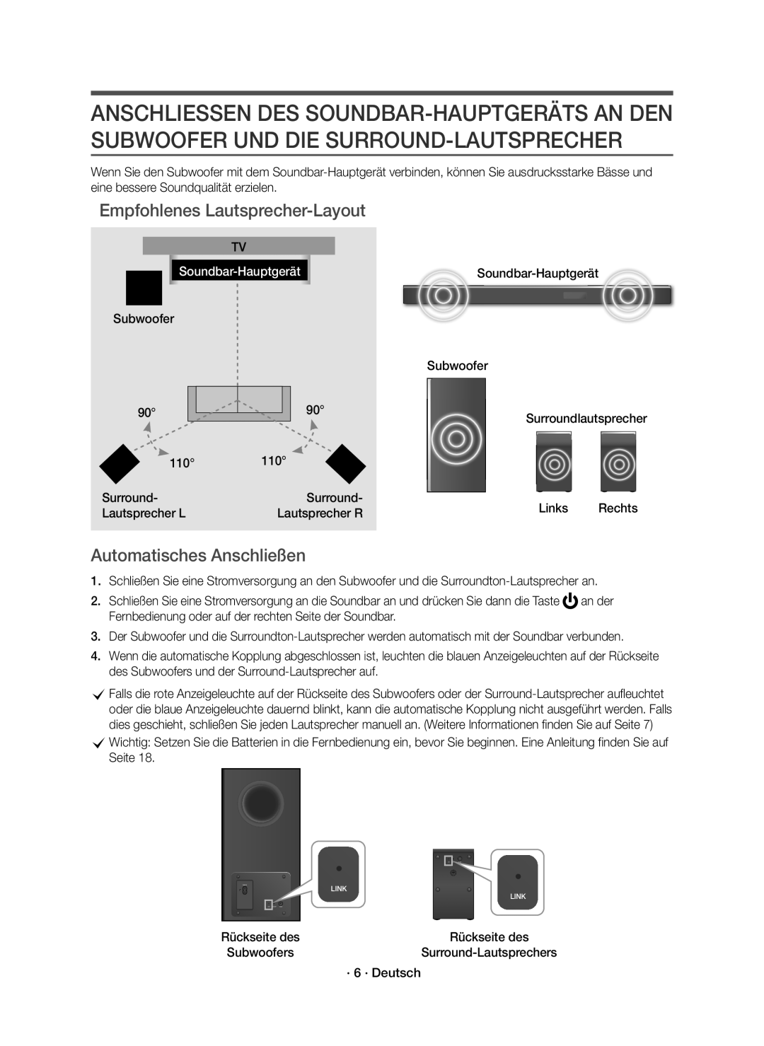 Samsung HW-K950/EN manual Empfohlenes Lautsprecher-Layout, Automatisches Anschließen, · 6 · Deutsch 