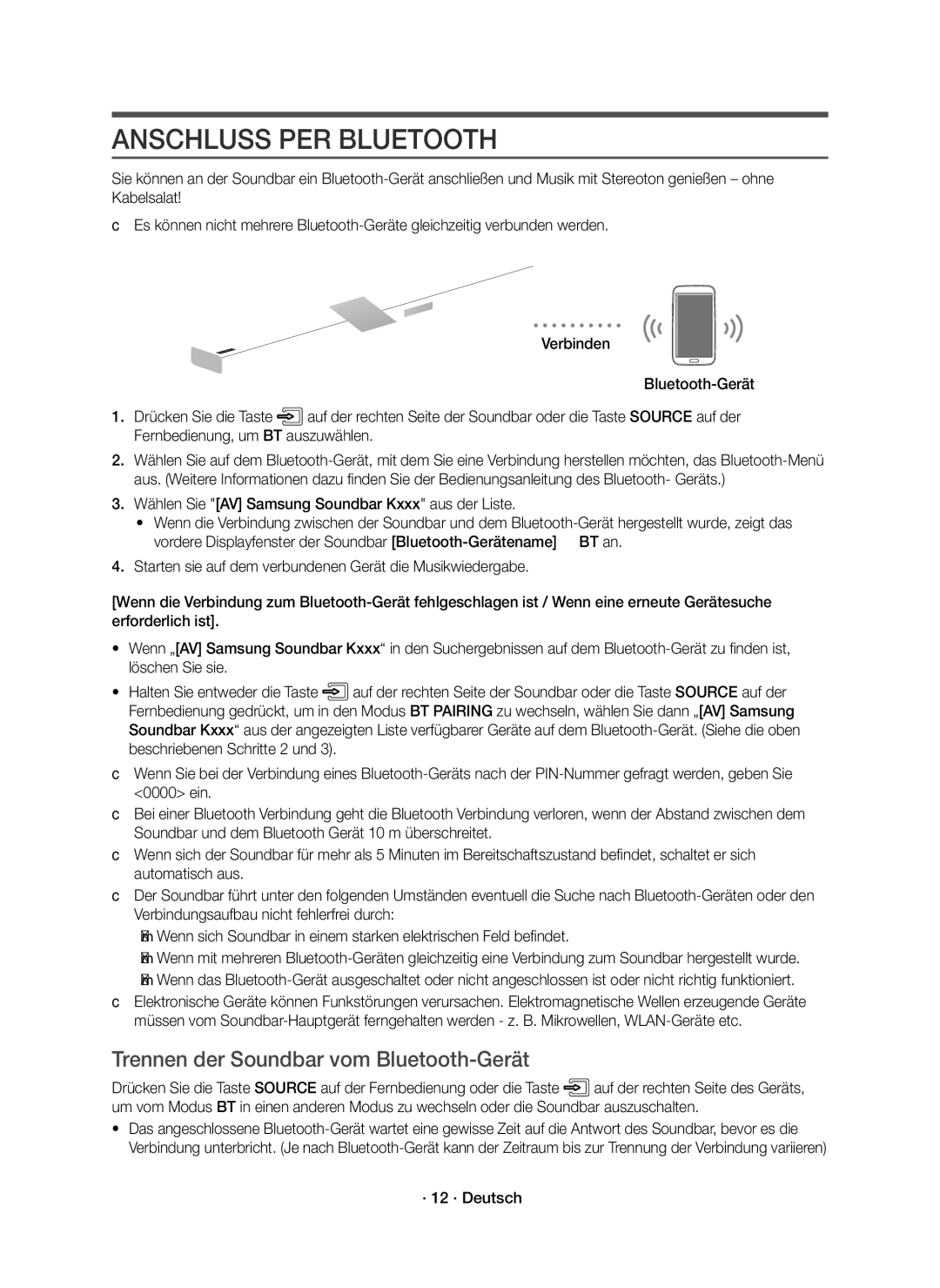 Samsung HW-K950/EN manual Anschluss PER Bluetooth, Trennen der Soundbar vom Bluetooth-Gerät, · 12 · Deutsch 