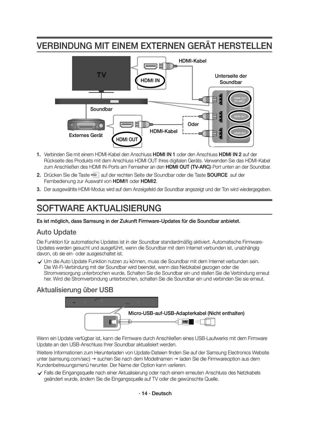 Samsung HW-K950/EN manual Software Aktualisierung, Aktualisierung über USB, Micro-USB-auf-USB-Adapterkabel Nicht enthalten 