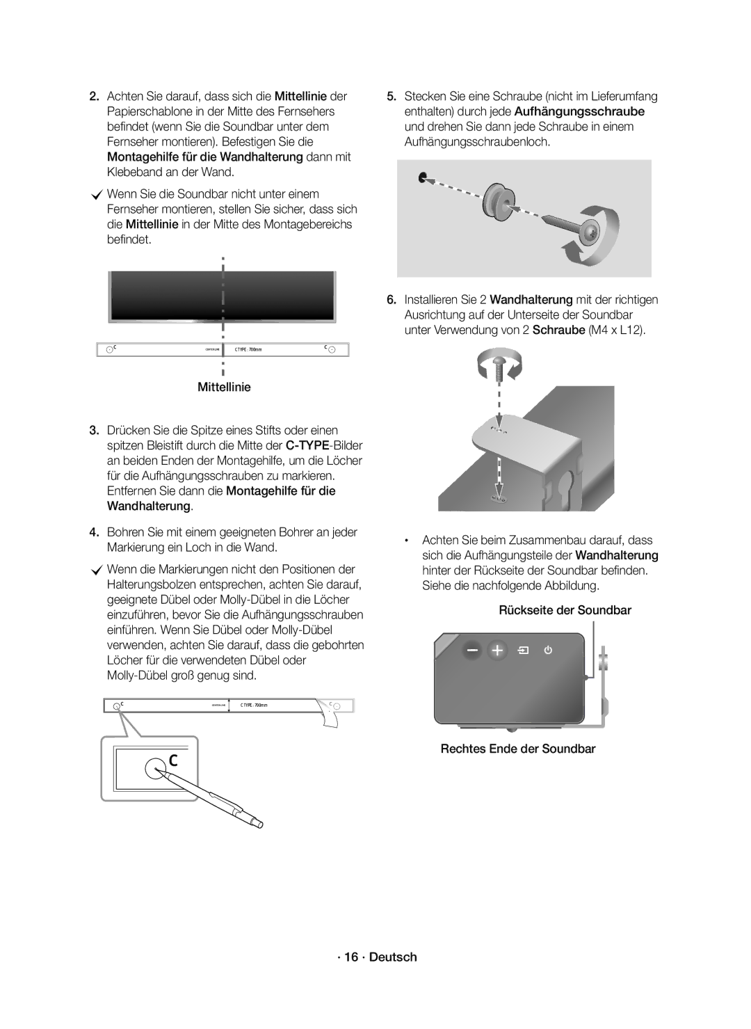 Samsung HW-K950/EN manual Mittellinie, Bohren Sie mit einem geeigneten Bohrer an jeder, Markierung ein Loch in die Wand 