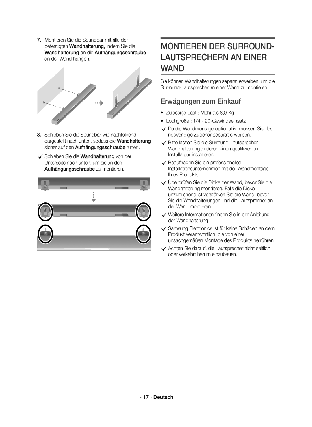 Samsung HW-K950/EN manual Montieren DER SURROUND- Lautsprechern AN Einer Wand, Erwägungen zum Einkauf 