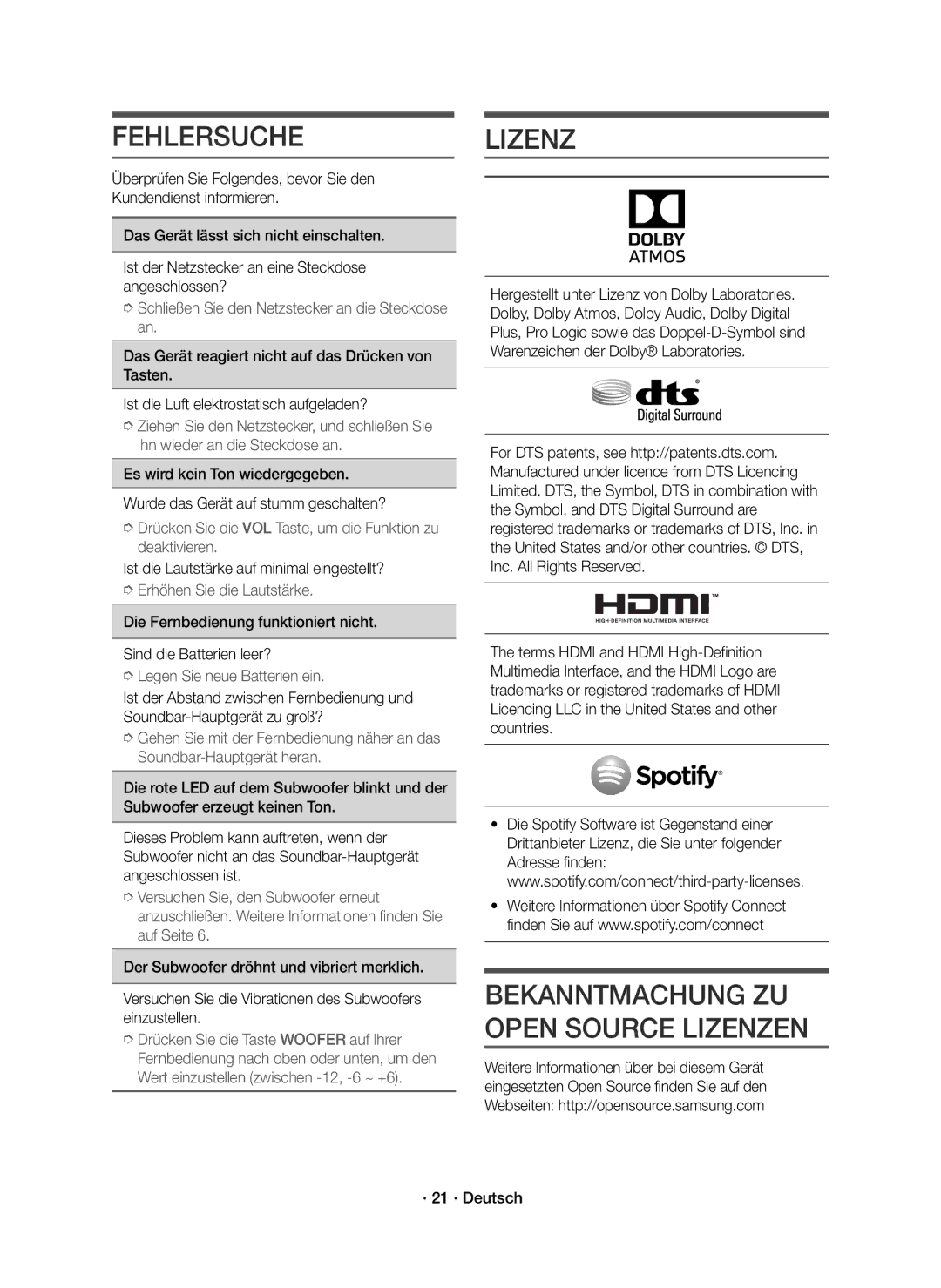 Samsung HW-K950/EN manual Fehlersuche, Lizenz, Ist die Lautstärke auf minimal eingestellt?, · 21 · Deutsch 