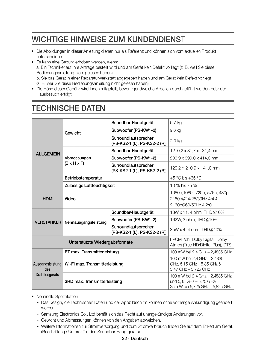 Samsung HW-K950/EN manual Wichtige Hinweise ZUM Kundendienst, Technische Daten, Allgemein 