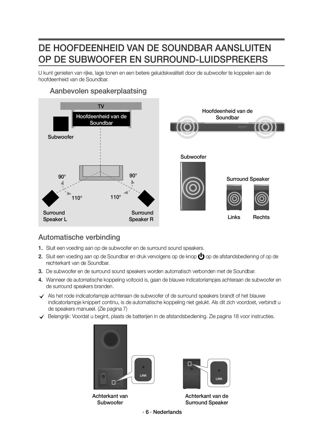 Samsung HW-K950/EN manual Aanbevolen speakerplaatsing, Automatische verbinding, Hoofdeenheid van de 