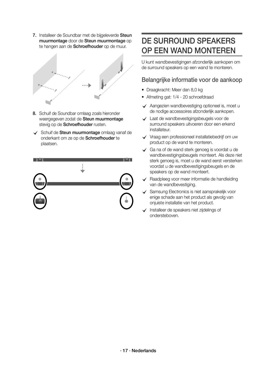 Samsung HW-K950/EN Belangrijke informatie voor de aankoop, Draagkracht Meer dan 8,0 kg Afmeting gat 1/4 20 schroefdraad 