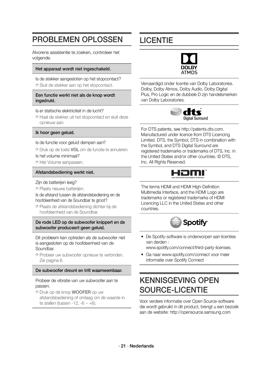 Samsung HW-K950/EN manual Problemen Oplossen, Licentie, Ik hoor geen geluid Is de functie voor geluid dempen aan? 