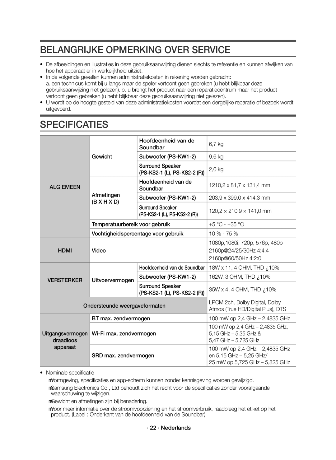 Samsung HW-K950/EN manual Belangrijke Opmerking Over Service, Specificaties, ALG Emeen 