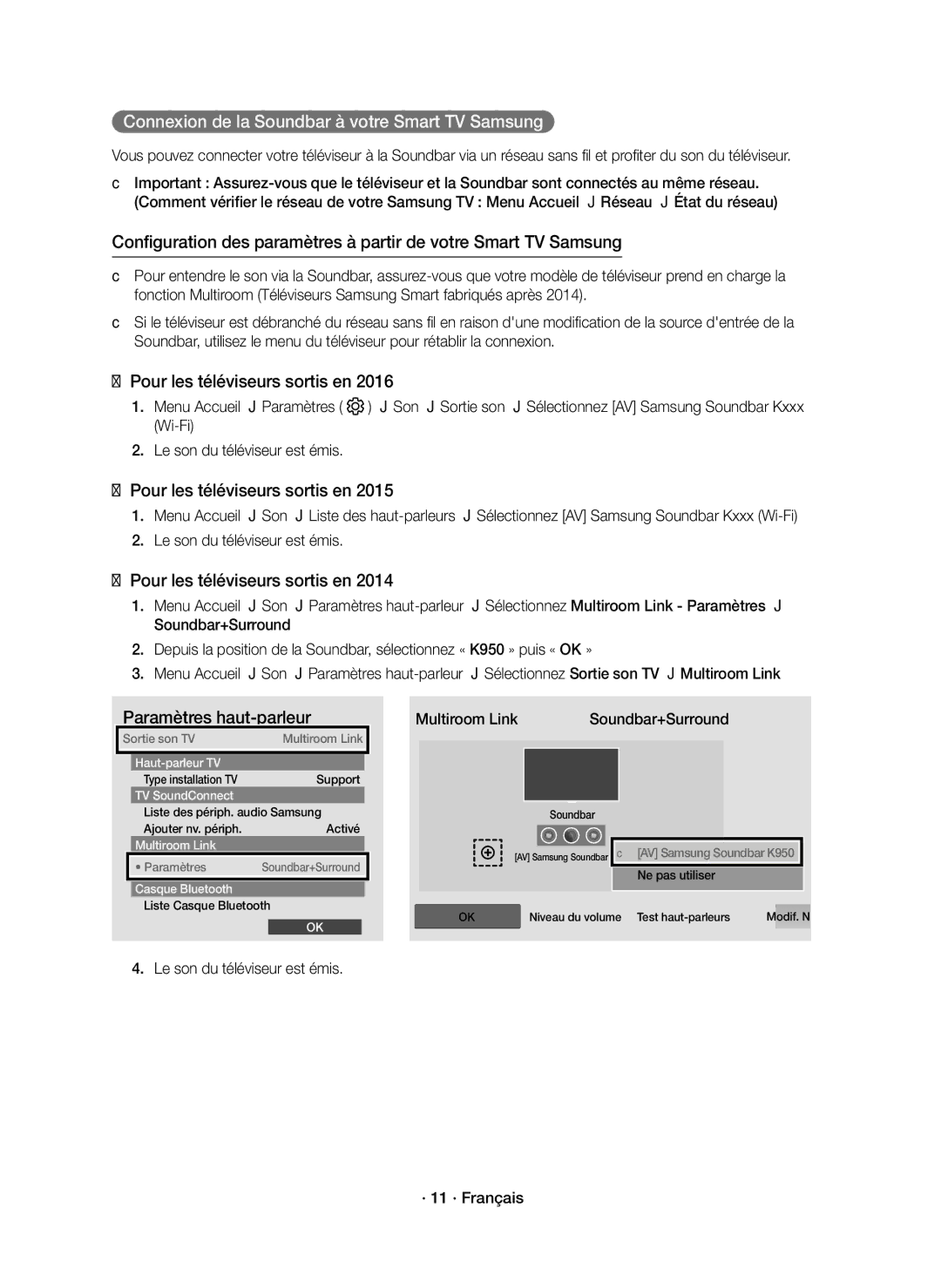 Samsung HW-K950/EN manual Connexion de la Soundbar à votre Smart TV Samsung, Le son du téléviseur est émis · 11 · Français 