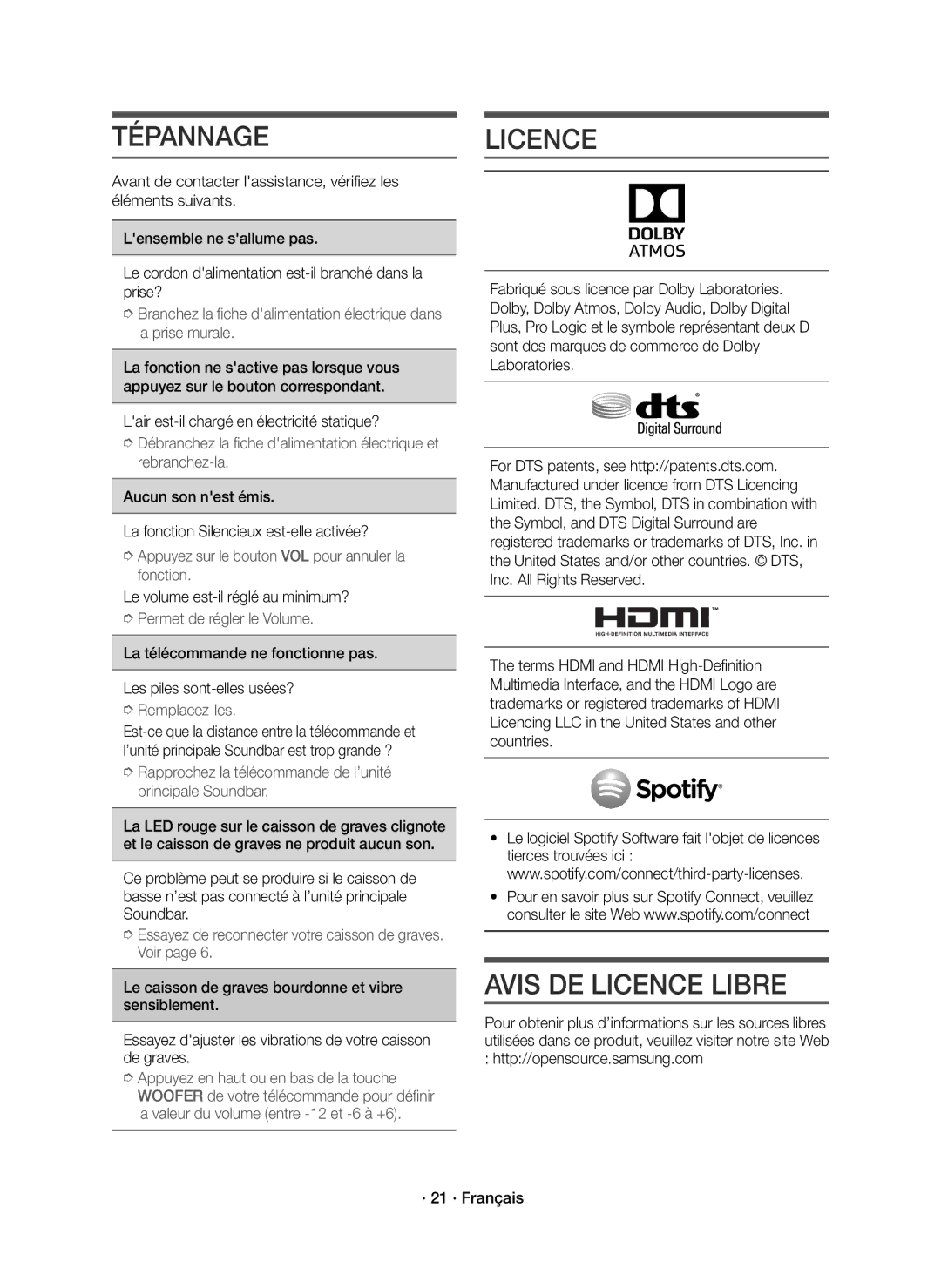 Samsung HW-K950/EN manual Tépannage, Avis DE Licence Libre, Lair est-il chargé en électricité statique? 