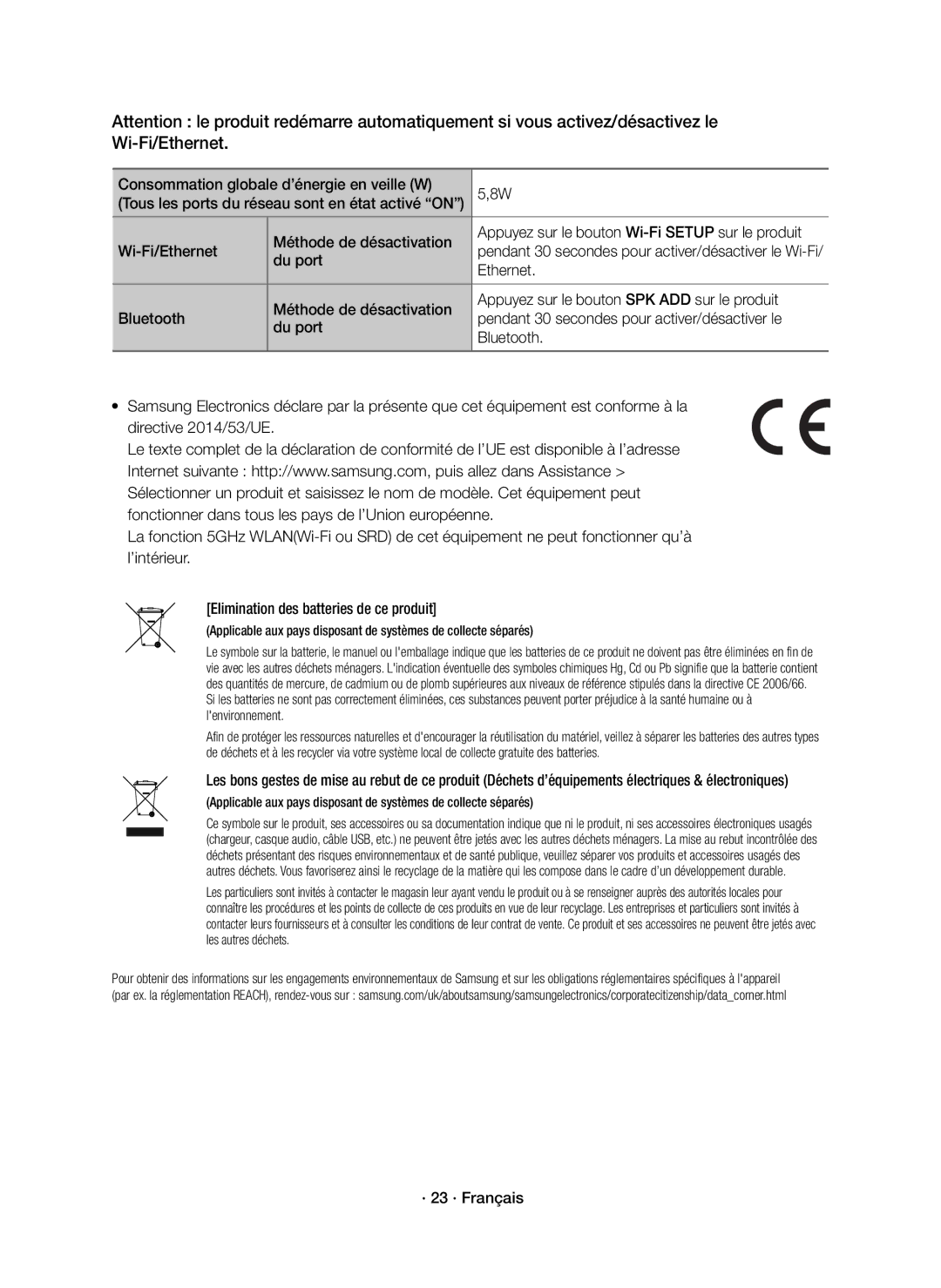 Samsung HW-K950/EN Consommation globale d’énergie en veille W, Wi-Fi/Ethernet Méthode de désactivation, · 23 · Français 