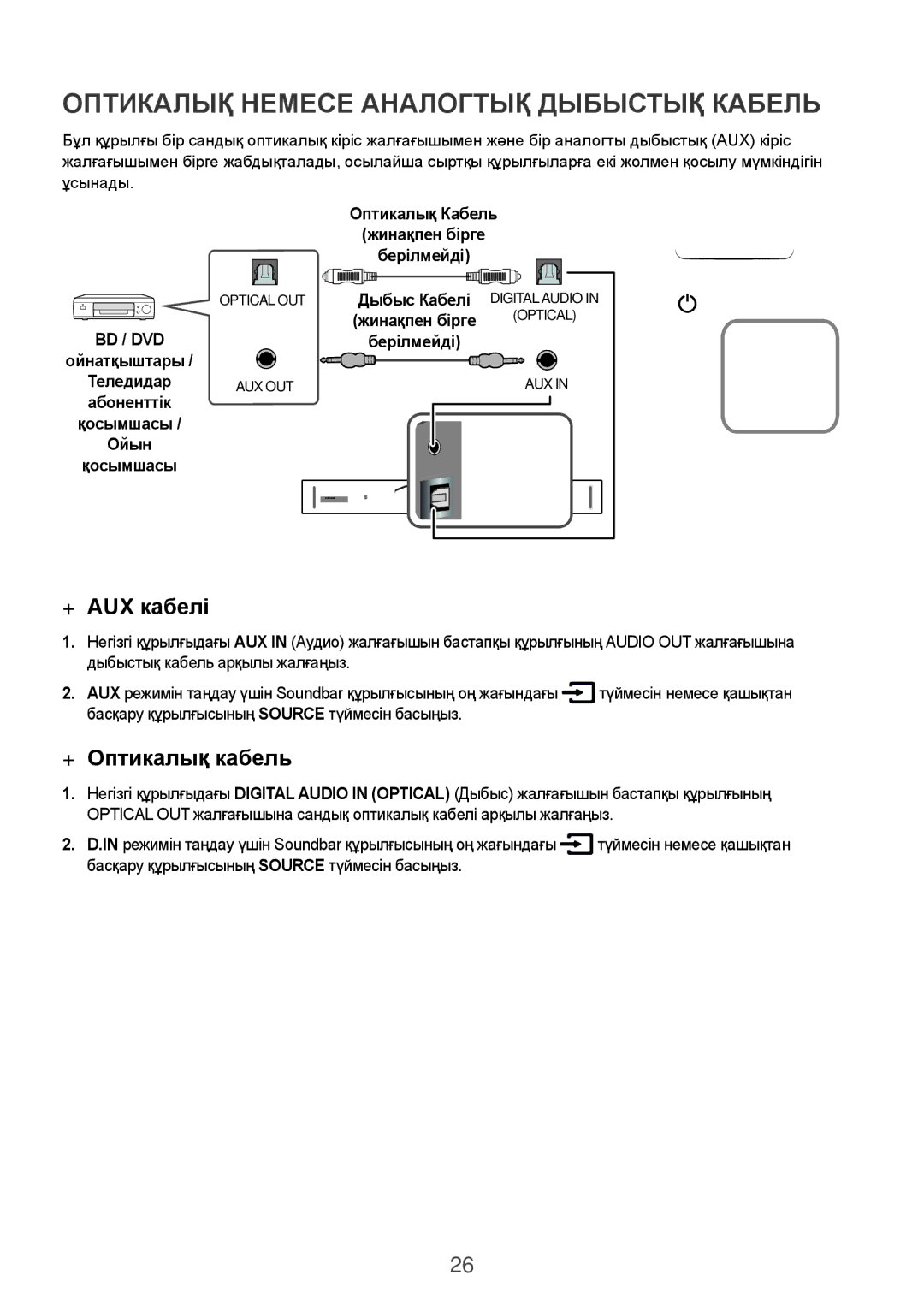 Samsung HW-K950/RU manual Оптикалық Немесе Аналогтық Дыбыстық Кабель, ++AUX кабелі, ++Оптикалық кабель, Bd / Dvd 