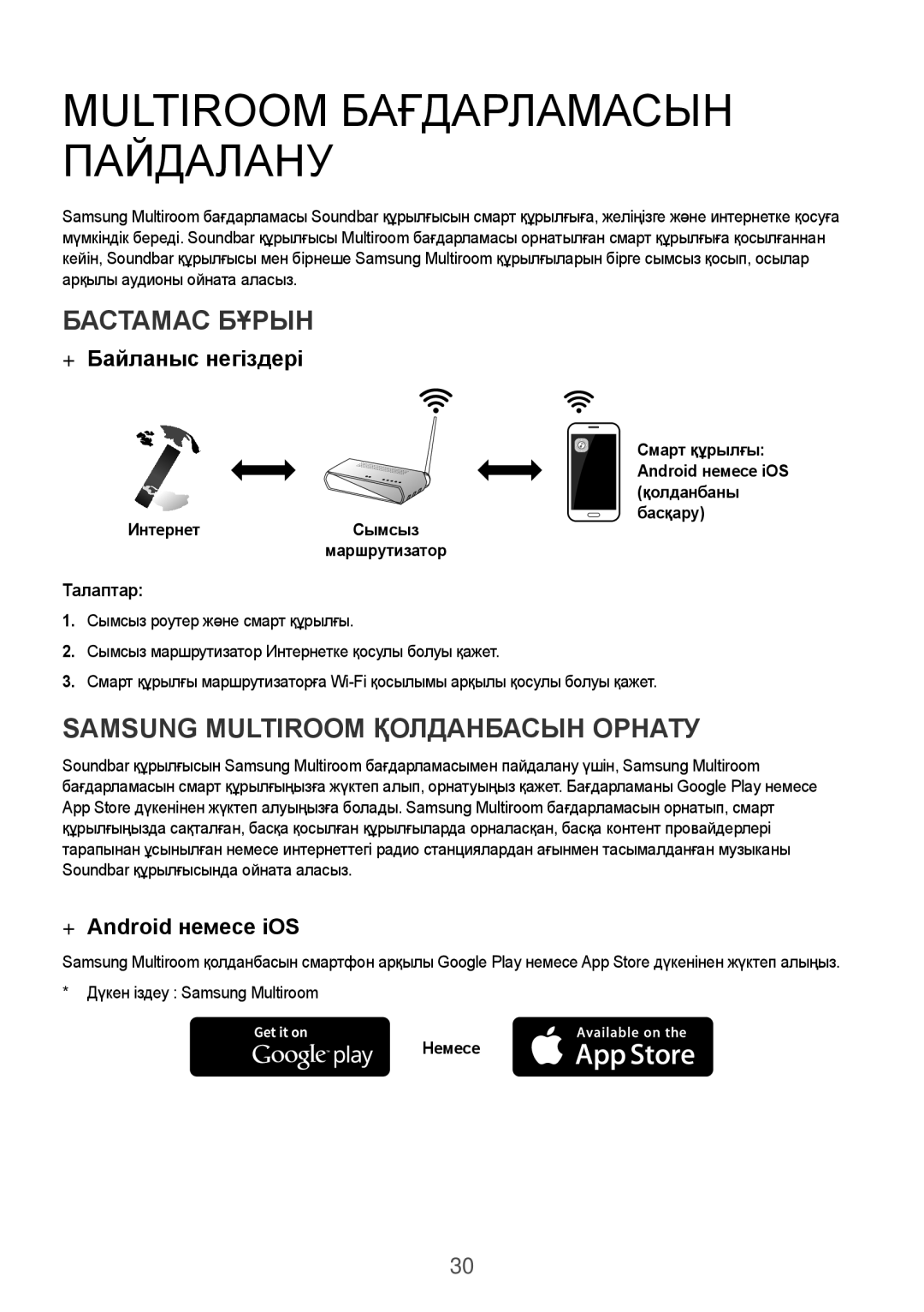 Samsung HW-K950/RU manual Бастамас Бұрын, Samsung Multiroom Қолданбасын Орнату, ++Байланыс негіздері, ++Android немесе iOS 