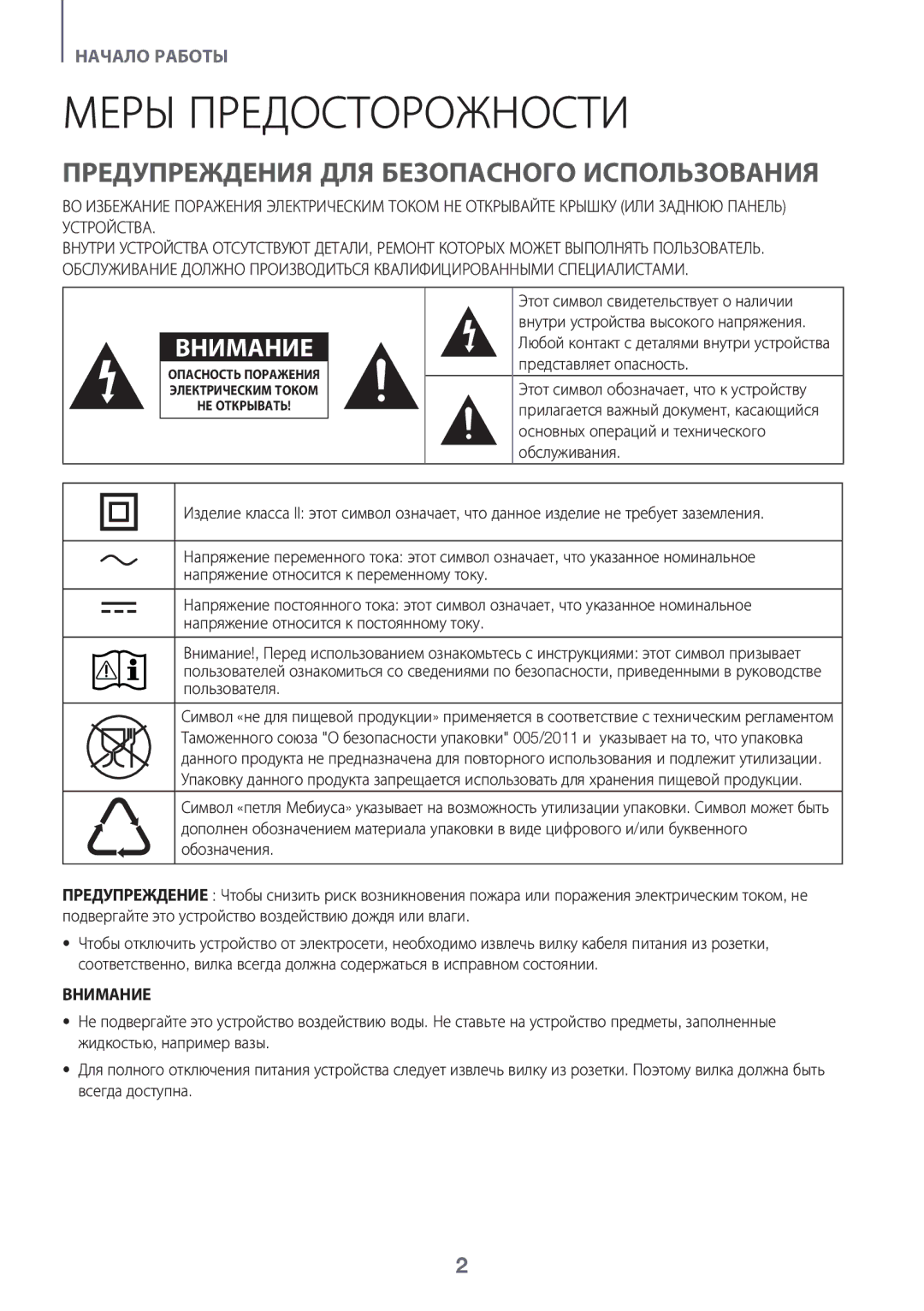 Samsung HW-K950/RU manual Меры предосторожности, Предупреждения для безопасного использования, Внимание 